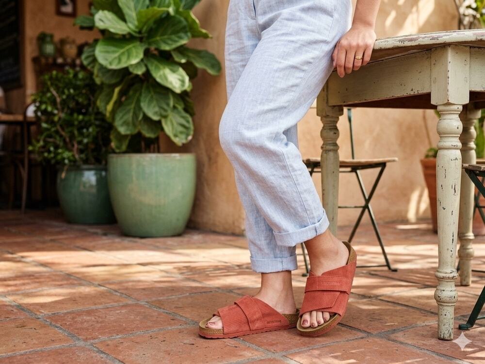Birkenstock Kyoto Corduroy Sienna Red Suede Embossed Slides Sandals 38 7
